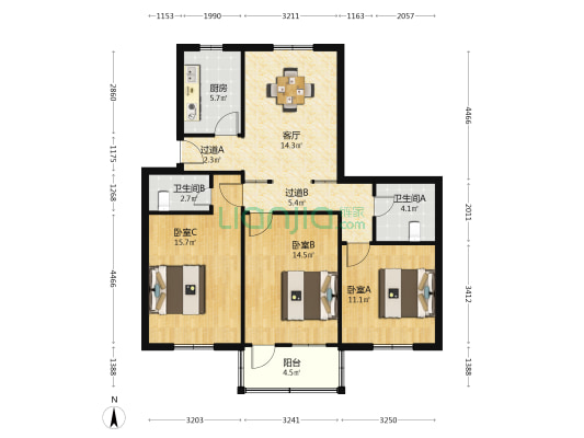 春申二村 3室1厅2卫 96平方