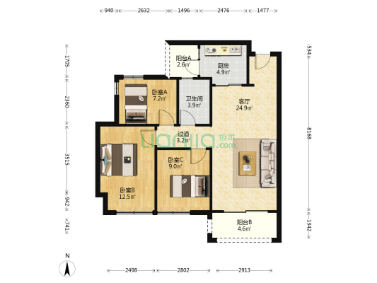 中海九龙天颂二期 3室1厅1卫 98平方