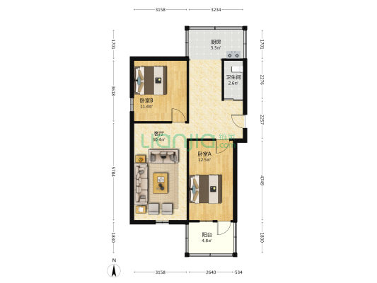 省医院宿舍 2室1厅1卫 73平方