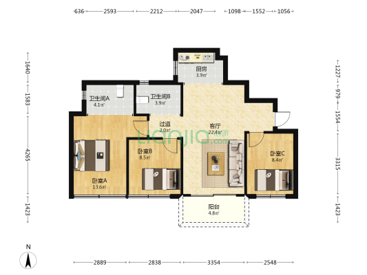 铂悦世家 3室1厅2卫 87平方