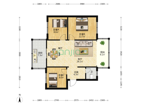 铁路双龙小区南区 3室1厅1卫 75平方