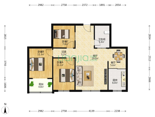 翰林苑 3室2厅1卫 108平方