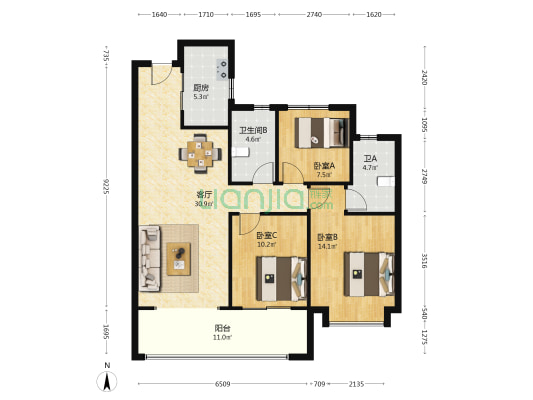 龙湖春江天曜 3室1厅2卫 112平方