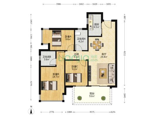阳光城大唐檀境 3室1厅2卫 94平方