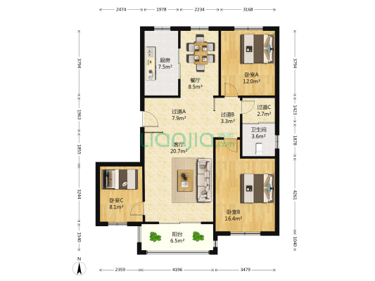 河坊人家 3室2厅1卫 114平方