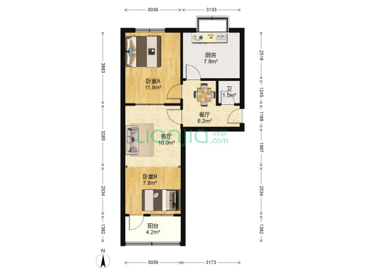 影剧院宿舍 2室2厅1卫 64平方