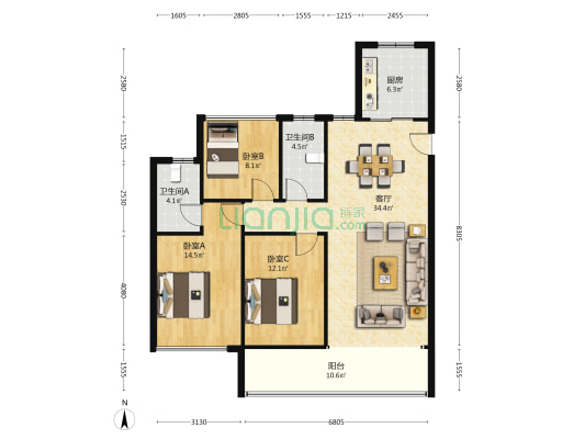 雍华景园 3室1厅2卫 113平方