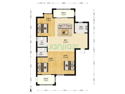 东升新城三区 3室1厅2卫 107平方