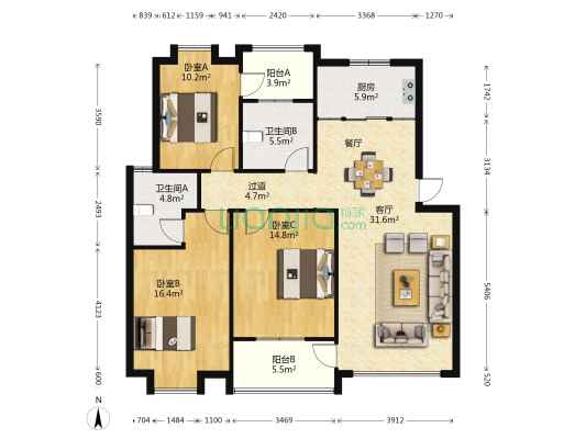 领秀星城 3室1厅2卫 120平方