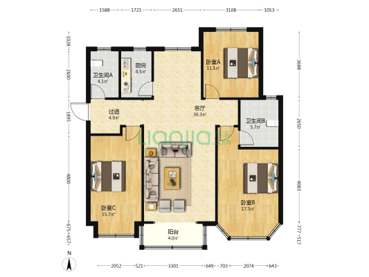 赵都新城福和园 3室1厅2卫 145平方
