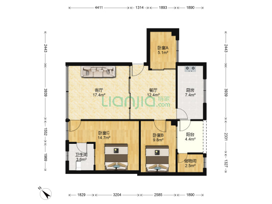开发楼 3室2厅1卫 106平方