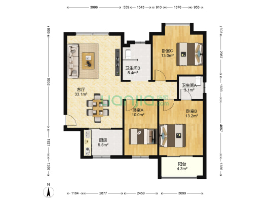 中房汉江鑫城 3室1厅2卫 115平方
