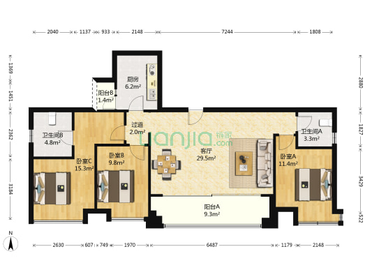 西派城A区 3室1厅2卫 114平方