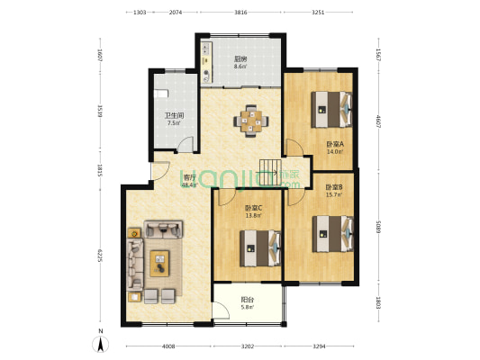 天中晚报社住宅楼 3室1厅1卫 132平方