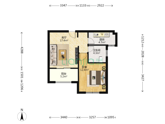 浦航新城中城苑 1室1厅1卫 58平方