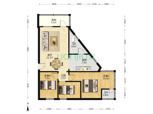 糖厂社区3号小区 3室1厅2卫 83平方