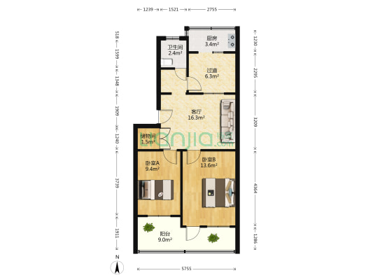 解放路29号院 2室1厅1卫 84平方