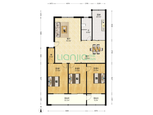 公园路19号院 3室2厅1卫 150平方