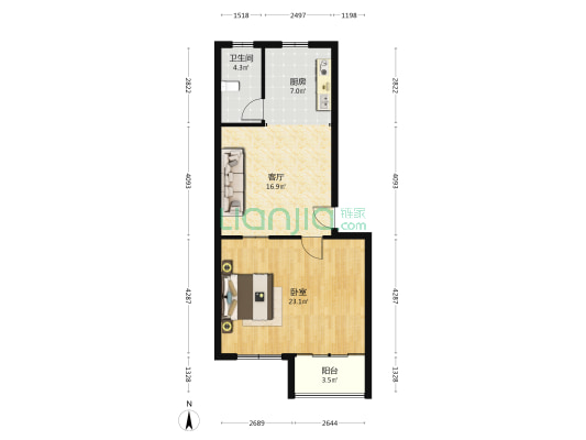 南城陽花苑 1室1厅1卫 72平方