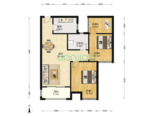 伟业迎春世家 3室1厅1卫 89平方
