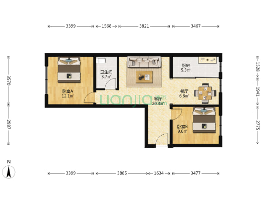 龙江家园 2室2厅1卫 87平方