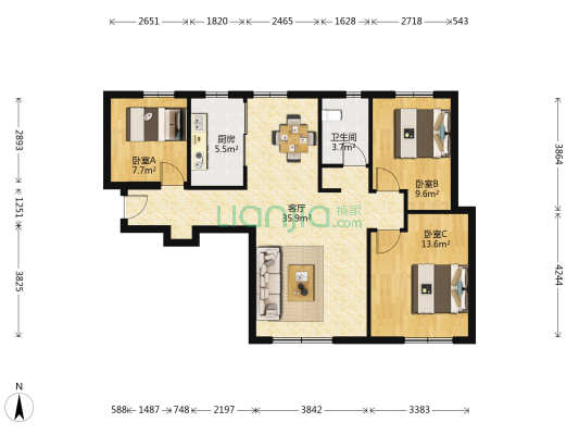 桃源观邸 3室1厅1卫 108平方