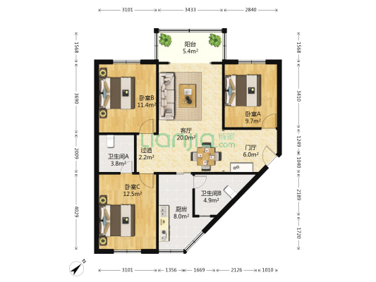 圣合苑 3室1厅2卫 103平方
