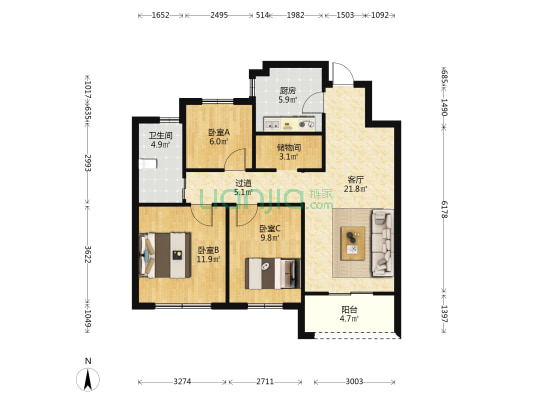 大明泽府 3室1厅1卫 95平方