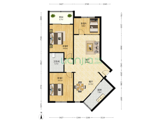 红树林 3室2厅1卫 105平方