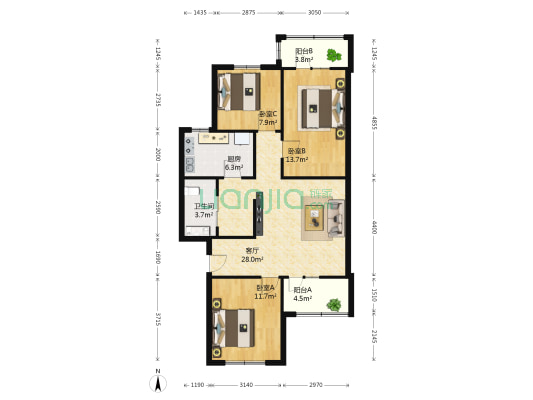 金茵小区 3室1厅1卫 97平方
