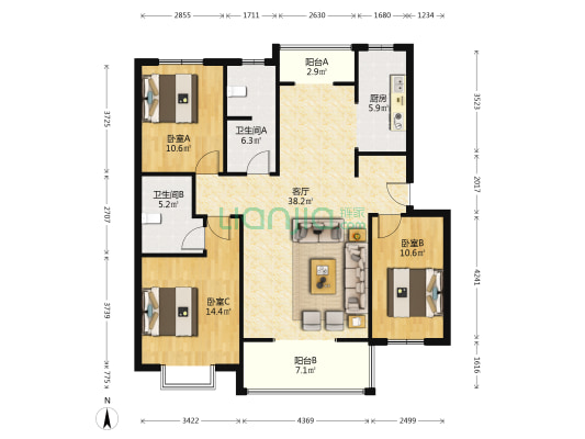 开发区商圈 集中供暖 南北通透三居双卫户型-户型图