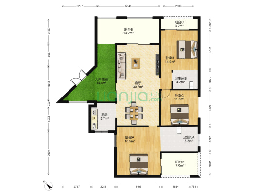 滨海新天地1期 3室1厅2卫 142平方