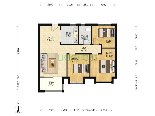 源长花园 3室1厅1卫 95平方