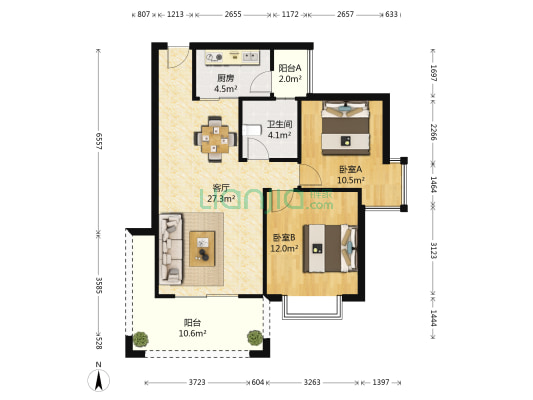海辰国际公寓 2室1厅1卫 78平方