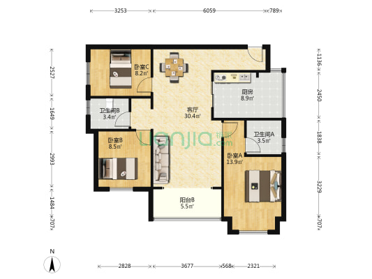 恒邦双林悦山府一期 3室1厅2卫 98平方