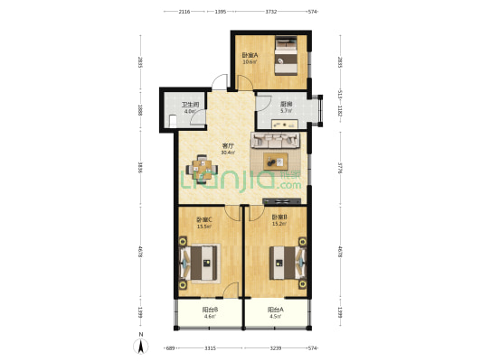 桃源村 3室1厅1卫 106平方