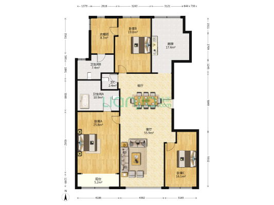 中福城三期北楼 3室1厅3卫 198平方