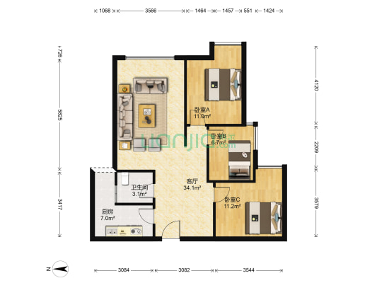 地铁首座 3室1厅1卫 84平方