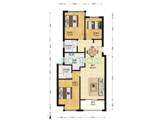 龙湖江与城江与锦城 3室1厅2卫 89平方