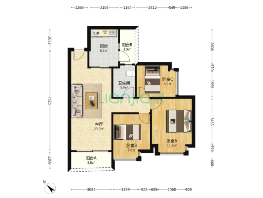 绿城蓝湾半岛 3室1厅1卫 89平方