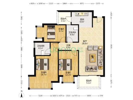 轨道壹号城 3室1厅2卫 112平方