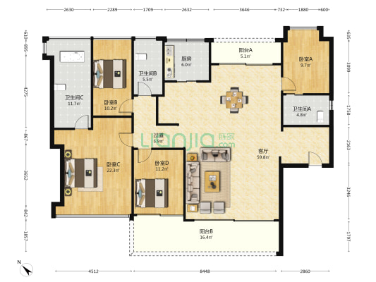 品越华府 4室1厅3卫 212平方
