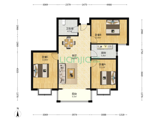 麒锦名邸 3室1厅1卫 117平方