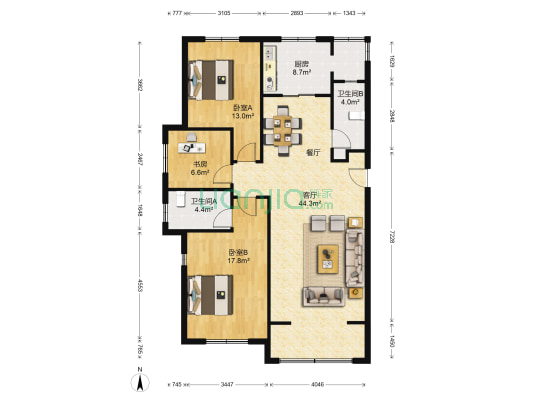 中环·滨江花园 3室1厅2卫 126平方