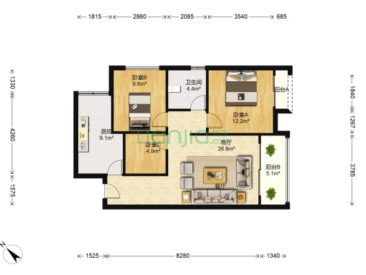 中天会展城A区 3室1厅1卫 88平方
