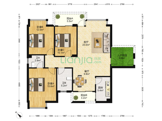 中新国际 3室2厅2卫 120平方