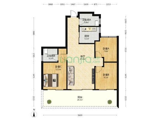 金地自在城蓝山苑 3室1厅2卫 108平方