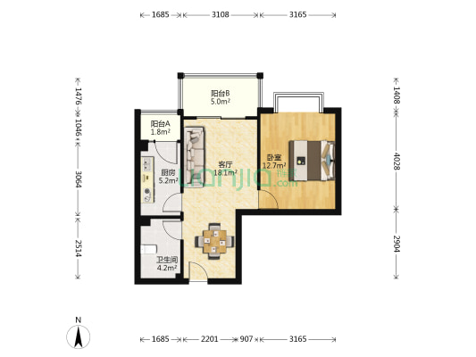 钻石公寓 1室1厅1卫 61平方