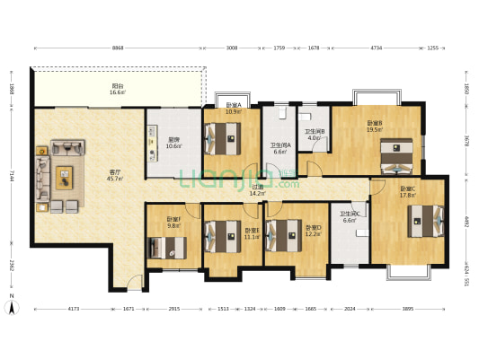 东成苑 6室1厅3卫 221平方