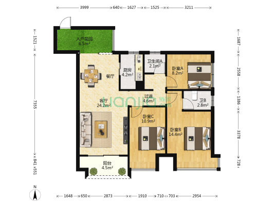 云星钱隆江南 3室1厅2卫 90平方